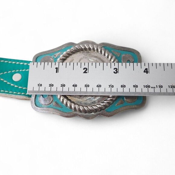 Unbranded Vintage Steel Belt Buckle with Hereford Leather Turquoise Belt 28 - Picture 7 of 7
